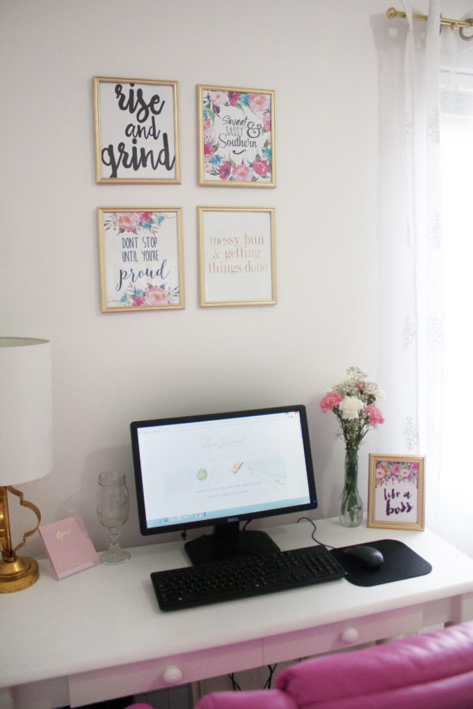 Tour this DIY Girl Boss Home Office that was transformed with Velvet Finishes. Need some office inspiration? Here you will find a pink + gold home office perfect for any girl boss!